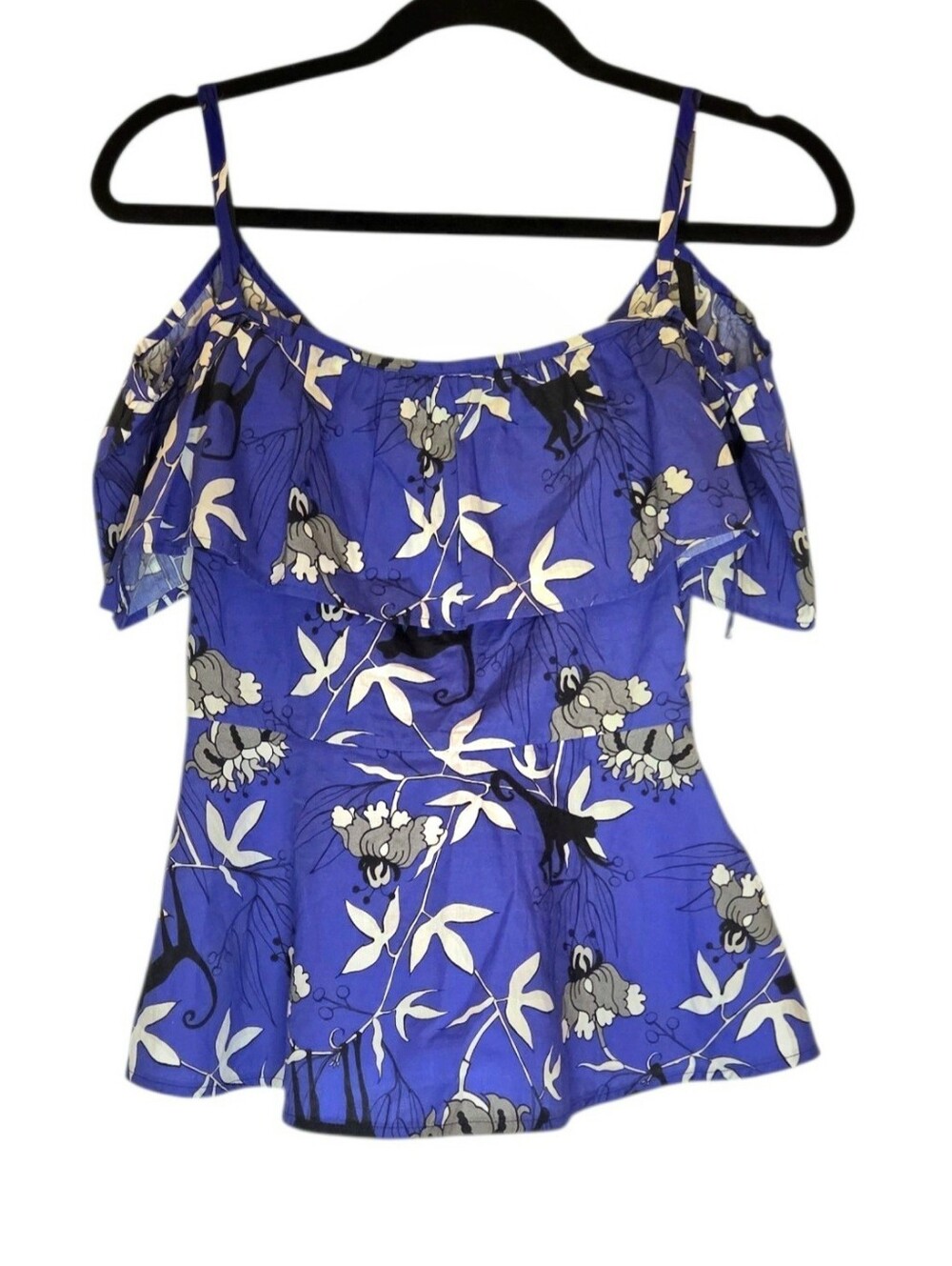 Markus Lupfer Blue Floral Ruffle Cold Shoulder Top Size XS